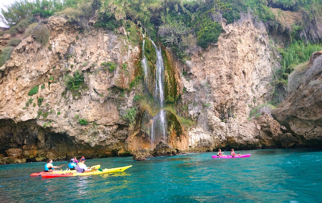 Kayaks at the Maro Waterfall, located in Nerja, in the province of Malaga.